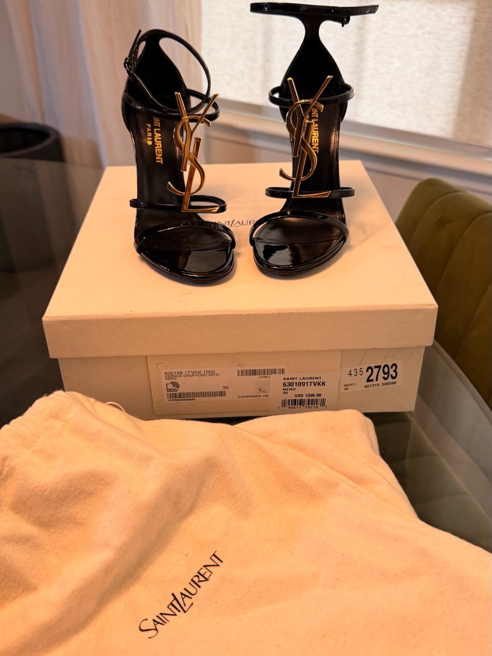 Saint Laurent Black Patent Opyum Heeled Sandals with Gold YSL Logo